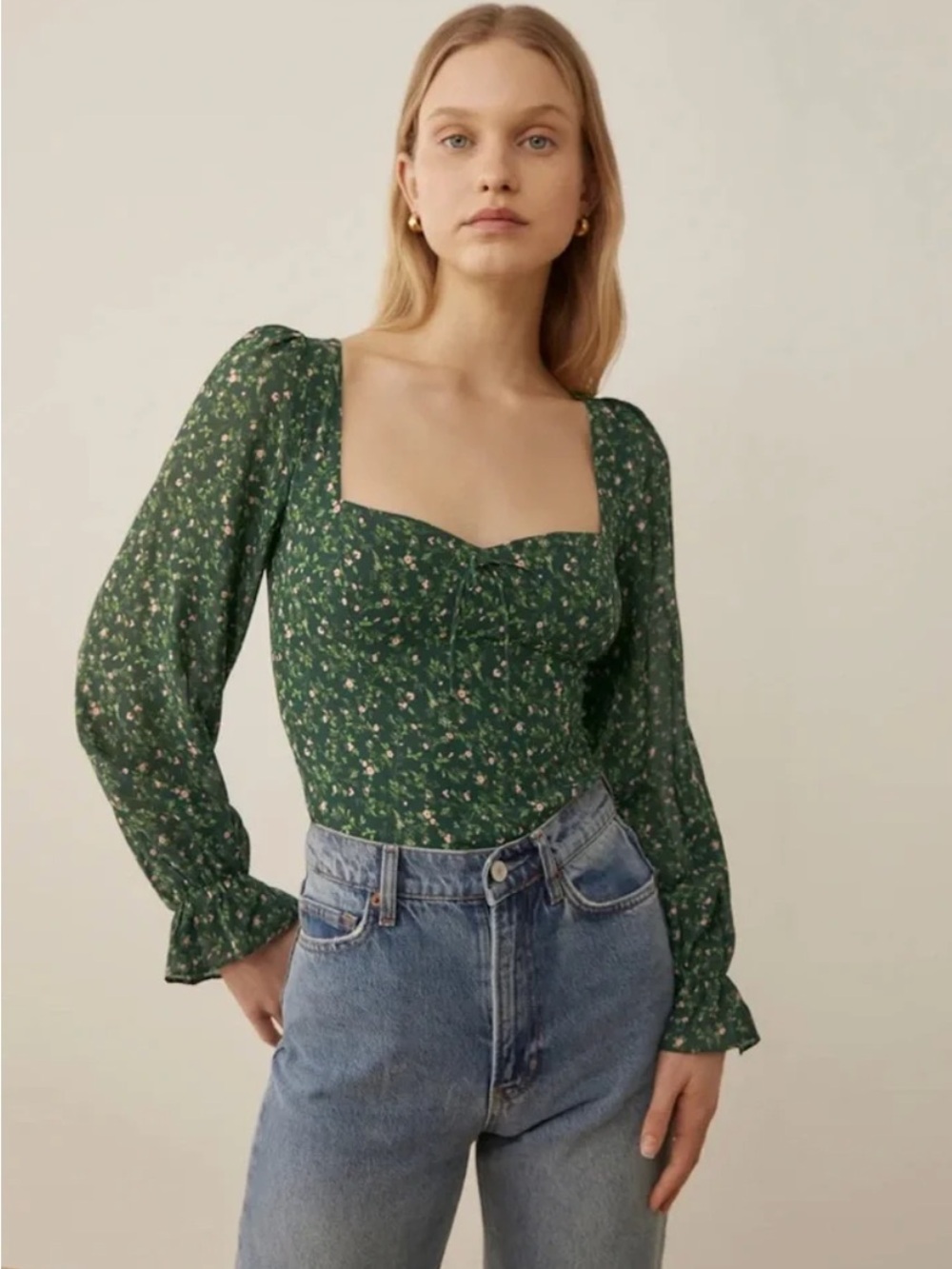 Reformation Chase Green Blouse in Coriander
